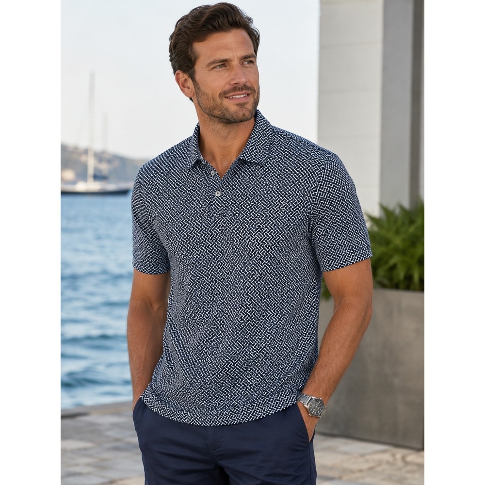 Polo‎ Ralph Lauren Golf Mens XL Navy Blue White Geometric Greek Key Polo Shirt